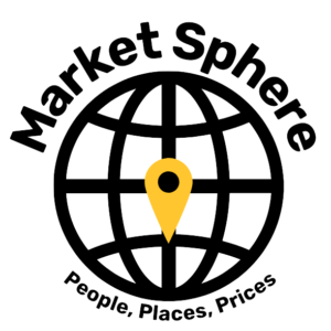 Logo of a basic globe outlined in black that says "Market Sphere" on the top and "People, Places, Prices" on the bottom. There's a GPS point in yellow in the center of the globe.